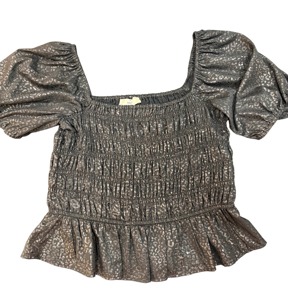 Entro Womens Black Metallic‎ Bronze Leopard Smocked Puff Sleeve Peplum Top L